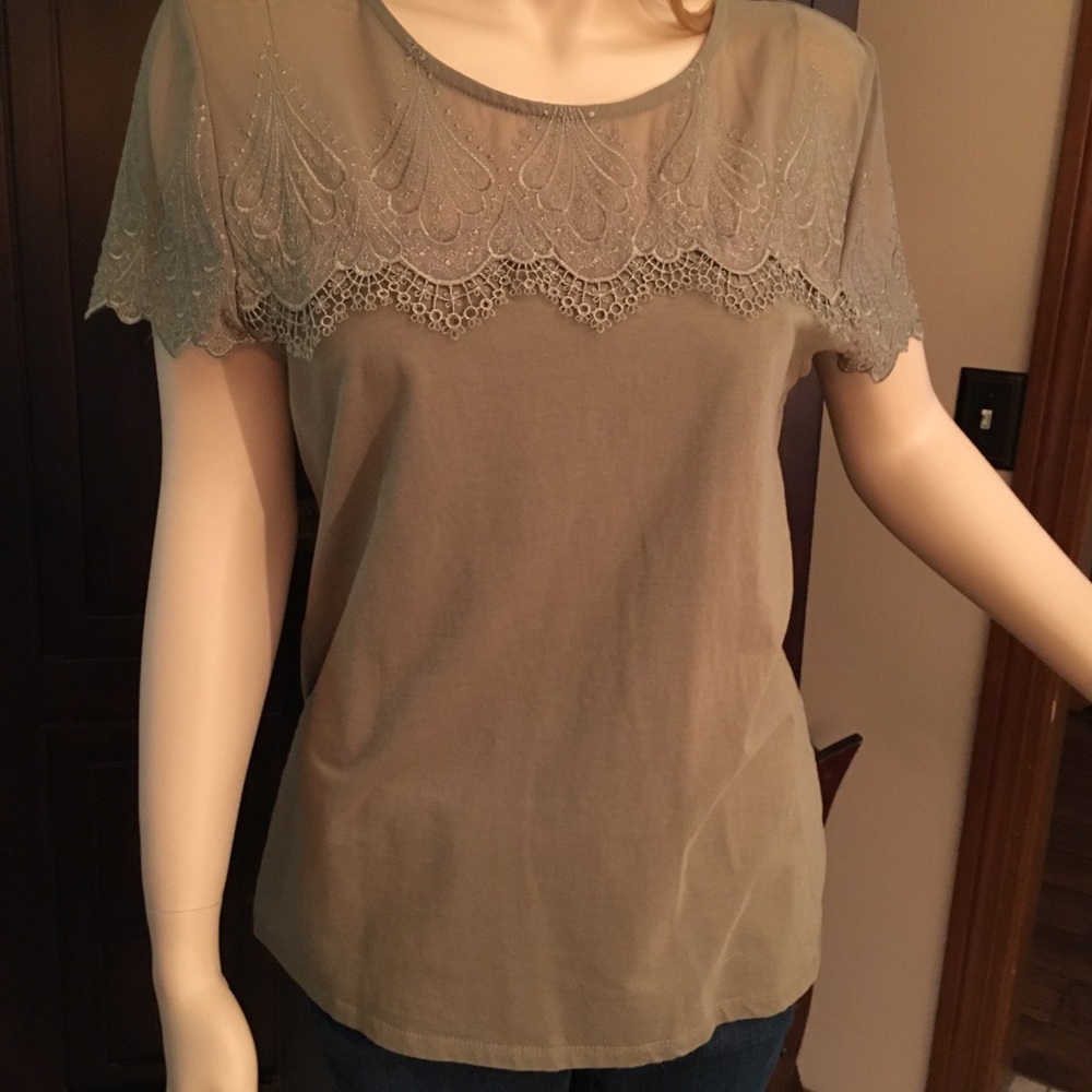 Khaki Olive Green Lace T-Shirt Blouse